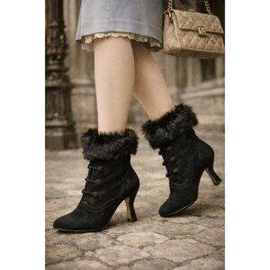 Hype Black Suede Fur Trim Victorian Boots Kitten Heel Lace Detail Vero Cuoio 6